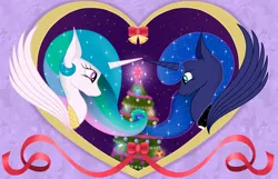Size: 3881x2500 | Tagged: safe, artist:xodok, derpibooru import, princess celestia, princess luna, alicorn, pony, series:ponyashnost, christmas, christmas tree, cutie mark, duo, element of generosity, element of honesty, element of kindness, element of laughter, element of loyalty, element of magic, elements of harmony, female, holiday, image, jpeg, looking at each other, looking at someone, new year, royal sisters, siblings, sisters, smiling, tree