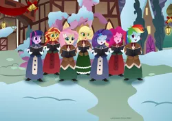 Size: 1280x906 | Tagged: safe, artist:lavenderrain24, derpibooru import, applejack, fluttershy, pinkie pie, rainbow dash, rarity, sunset shimmer, twilight sparkle, twilight sparkle (alicorn), alicorn, equestria girls, caroling, christmas, christmas 2021, clothes, holiday, image, jpeg, long dress, long skirt, mane six, skirt