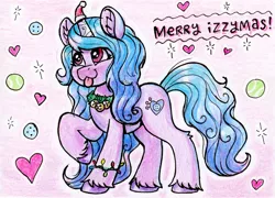 Size: 2047x1476 | Tagged: safe, artist:dandy, derpibooru import, izzy moonbow, pony, unicorn, ;p, ball, bells, bracelet, christmas, christmas lights, colored pencil drawing, ear fluff, female, g5, hat, heart, holiday, horn, image, jewelry, jingle bells, mare, one eye closed, png, santa hat, solo, tennis ball, text, tongue out, traditional art, unshorn fetlocks, wreath