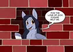 Size: 1694x1200 | Tagged: safe, artist:its-gloomy, derpibooru import, pony, brick wall, chest fluff, commission, commissioner:reversalmushroom, edgar allan poe, female, image, immurement, mare, meme, open mouth, parody, png, ponified meme, raised hoof, smiling, solo, the cask of amontillado, underhoof
