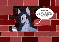 Size: 1694x1200 | Tagged: safe, alternate version, artist:its-gloomy, derpibooru import, pony, brick wall, chest fluff, commission, edgar allan poe, female, image, immurement, mare, meme, open mouth, parody, png, ponified meme, raised hoof, smiling, solo, the cask of amontillado, underhoof