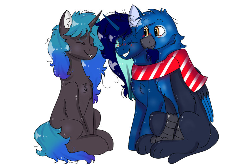 Size: 1680x1200 | Tagged: safe, artist:valkiria, derpibooru import, oc, oc:gerald, oc:midnight, oc:nightlight canvas, unofficial characters only, alicorn, gryphon, pony, unicorn, derpibooru community collaboration, 2022 community collab, alicorn oc, blushing, chest fluff, clothes, eyes closed, female, griffon oc, grin, horn, image, male, mare, oc x oc, png, scarf, shipping, siblings, simple background, sisters, smiling, straight, transparent background, trio, wings