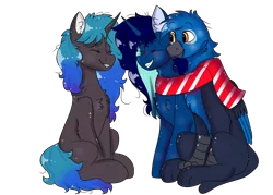 Size: 1680x1200 | Tagged: safe, artist:valkiria, derpibooru import, oc, oc:gerald, oc:midnight, oc:nightlight canvas, unofficial characters only, alicorn, gryphon, pony, unicorn, derpibooru community collaboration, 2022 community collab, alicorn oc, blushing, chest fluff, clothes, eyes closed, female, griffon oc, grin, horn, image, male, mare, oc x oc, png, scarf, shipping, siblings, simple background, sisters, smiling, straight, transparent background, trio, wings