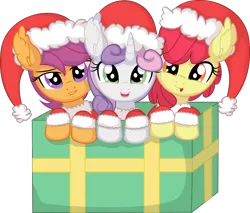 Size: 880x751 | Tagged: safe, artist:cyanlightning, derpibooru import, apple bloom, scootaloo, sweetie belle, earth pony, pegasus, pony, unicorn, .svg available, absurd resolution, box, christmas, clothes, costume, cutie mark crusaders, ear fluff, female, filly, foal, hat, holiday, image, lidded eyes, open mouth, png, pony in a box, present, santa costume, santa hat, simple background, smiling, transparent background, trio, vector