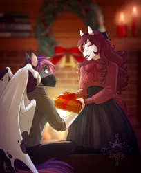 Size: 2206x2708 | Tagged: safe, artist:askbubblelee, derpibooru import, oc, oc:marionette, oc:orpheus, unofficial characters only, anthro, bat pony, earth pony, unguligrade anthro, anthro oc, bat pony oc, bat wings, christmas, clothes, digital art, earth pony oc, female, fireplace, friends, hearth's warming, holiday, image, male, mask, png, present, smiling, story in the source, wings, wreath