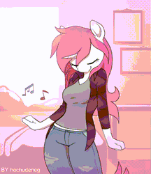 Size: 1106x1280 | Tagged: safe, artist:hochudeneg, derpibooru import, oc, unofficial characters only, anthro, unicorn, animated, clothes, commission, dancing, desk, eyes closed, female, gif, horn, image, jeans, long hair, music notes, pants, pink mane, shirt, smiling, solo, t-shirt, tail