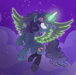 Size: 2205x2180 | Tagged: safe, artist:xxcheerupxxx, derpibooru import, oc, oc:savannah london, pony, unicorn, artificial wings, augmented, female, flying, image, magic, magic wings, mare, night, png, solo, wings