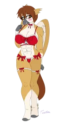 Size: 2000x4000 | Tagged: suggestive, artist:tertonda, derpibooru import, oc, oc:tenne chouette, unofficial characters only, anthro, hippogriff, unguligrade anthro, anthro oc, blushing, clothes, commission, digital art, female, gift art, hearth's warming, hippogriff oc, image, lingerie, looking away, nervous, png, shy, simple background, solo, solo female, transparent background