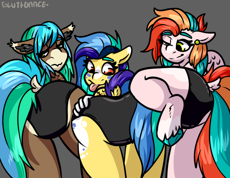 Size: 2000x1544 | Tagged: suggestive, artist:sexygoatgod, derpibooru import, oc, oc:brooklynn llams, oc:penny wiles, oc:willie lakes, unofficial characters only, anthro, bat pony, hybrid, pegasus, pony, butt, butt grab, butt touch, clothes, grope, image, lifted leg, looking back, one-piece swimsuit, :p, plot, png, swimsuit, tongue out, unshorn fetlocks