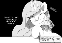 Size: 2950x2040 | Tagged: semi-grimdark, anonymous artist, artist:vultraz, princess celestia, ponified, pony, bar, black background, drawthread, drunklestia, female, femsub, grayscale, image, implied vore, manga style, monochrome, mug, onna yuusha to shota orc, png, simple background, sitting, solo, sublestia, submissive, tavern, text edit, younger