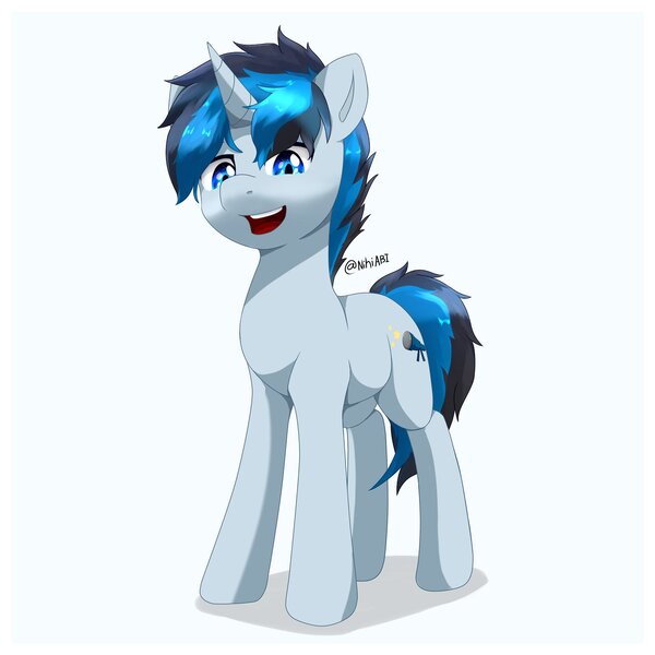 Size: 1500x1500 | Tagged: safe, artist:nihithebrony, derpibooru import, oc, oc:solar gizmo, unofficial characters only, pony, unicorn, blue eyes, cel shading, cute, horn, image, jpeg, looking at you, male, open mouth, open smile, shading, shadow, simple background, smiling, solo, stallion, tail, two toned mane, two toned tail, unicorn oc, white background