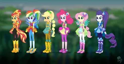 Size: 3000x1542 | Tagged: safe, artist:madison tuff, derpibooru import, official, screencap, applejack, fluttershy, pinkie pie, rainbow dash, rarity, sci-twi, sunset shimmer, twilight sparkle, equestria girls, legend of everfree, blurred background, boots, character design, clothes, cowboy boots, crystal guardian, crystal wings, freckles, geode of empathy, geode of fauna, geode of shielding, geode of sugar bombs, geode of super speed, geode of super strength, high heel boots, high heels, humane five, humane six, image, jeans, jewelry, jpeg, leggings, line-up, logo, magical geodes, outfit, pants, ponied up, ponytail, shoes, skirt, sneakers, sparkles, sun, super ponied up, wings