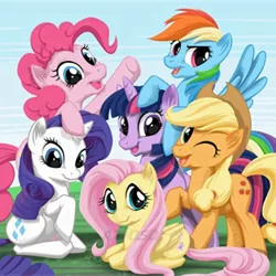 Size: 1000x1000 | Tagged: safe, artist:mysticalpha, derpibooru import, edit, applejack, fluttershy, pinkie pie, rainbow dash, rarity, twilight sparkle, earth pony, pegasus, pony, unicorn, cowboy hat, cropped, female, hat, image, jpeg, mane six, mane six opening poses, mare, one eye closed, painting, raised hoof, scene interpretation, sitting, unicorn twilight, watermark, wink