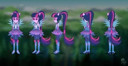 Size: 3000x1542 | Tagged: safe, artist:madison tuff, derpibooru import, official, screencap, sci-twi, twilight sparkle, twilight sparkle (alicorn), alicorn, equestria girls, legend of everfree, blurred background, boots, character design, clothes, crystal guardian, crystal wings, geode of telekinesis, glasses, high heel boots, high heels, image, jeans, jpeg, leggings, logo, magical geodes, outfit, pants, ponied up, shoes, skirt, solo, super ponied up, turnaround, wings