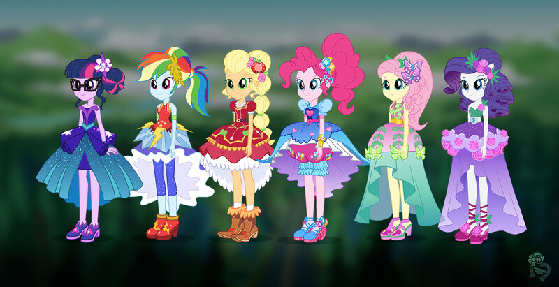 Size: 3000x1542 | Tagged: safe, artist:madison tuff, official, applejack, fluttershy, pinkie pie, rainbow dash, rarity, sci-twi, twilight sparkle, equestria girls, legend of everfree, blurred background, character design, clothes, crystal gala, dress, gala dress, high heels, humane five, humane six, image, jpeg, line-up, logo, mane six, outfit, shoes