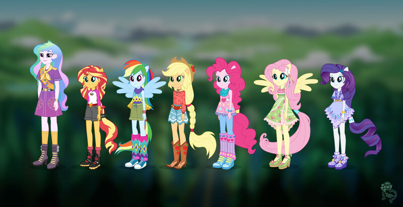 Size: 3000x1542 | Tagged: safe, artist:madison tuff, official, applejack, fluttershy, pinkie pie, princess celestia, rainbow dash, rarity, sunset shimmer, equestria girls, legend of everfree, blurred background, boho, camp everfree outfits, camp fashion show outfit, character design, clothes, converse, geometric, high heels, humane five, image, jpeg, line-up, logo, outfit, ponied up, principal celestia, shoes