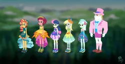 Size: 3000x1542 | Tagged: safe, artist:madison tuff, official, bon bon, bulk biceps, derpy hooves, gloriosa daisy, lyra heartstrings, sunset shimmer, sweetie drops, equestria girls, legend of everfree, blurred background, character design, clothes, crystal gala, crystal gala dress, dress, gala dress, image, jpeg, line-up, logo