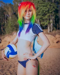 Size: 1080x1350 | Tagged: safe, artist:natsumipon, derpibooru import, rainbow dash, human, ball, bikini, bikini bottom, clothes, cosplay, costume, cutie mark on human, hand on hip, image, irl, irl human, jpeg, photo, swimsuit