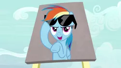 Size: 1280x720 | Tagged: safe, derpibooru import, screencap, rainbow dash, pony, fame and misfortune, billboard, image, png, solo, sunglasses