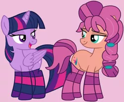 Size: 1504x1248 | Tagged: safe, artist:iambrillancethepg, artist:jadeharmony, derpibooru import, sunny starscout, twilight sparkle, twilight sparkle (alicorn), alicorn, earth pony, pony, base used, clothes, duo, female, g5, image, looking at each other, looking at someone, mare, open mouth, pink background, png, simple background, socks, striped socks, sunny and her heroine