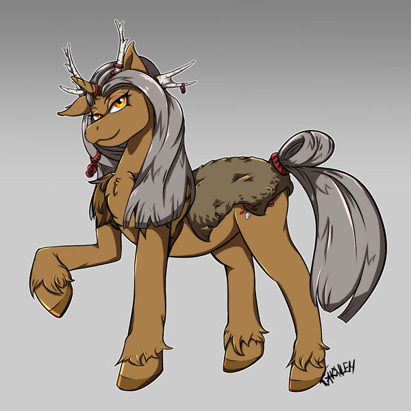 Size: 1024x1024 | Tagged: safe, artist:ghouleh, derpibooru import, oc, oc:woodwind, unofficial characters only, pony, unicorn, antlers, female, headdress, image, jpeg, mare, pelt, smiling, solo, unshorn fetlocks