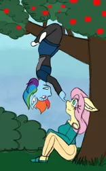 Size: 800x1280 | Tagged: safe, artist:mintymelody, derpibooru import, fluttershy, rainbow dash, anthro, apple, apple tree, boop, bush, ear fluff, eye bag, female, flutterdash, food, hanging, hanging upside down, image, lesbian, png, shipping, tree, upside down