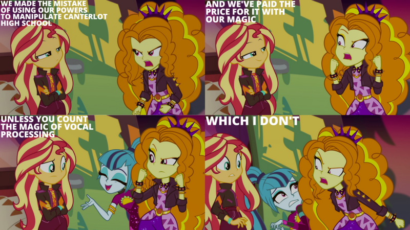 Size: 1280x720 | Tagged: safe, derpibooru import, edit, edited screencap, editor:quoterific, screencap, adagio dazzle, sonata dusk, sunset shimmer, equestria girls, equestria girls series, sunset's backstage pass!, spoiler:eqg series (season 2), clothes, crossed arms, eyes closed, female, geode of empathy, image, jacket, magical geodes, music festival outfit, open mouth, open smile, png, smiling
