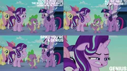 Size: 1280x720 | Tagged: safe, derpibooru import, edit, edited screencap, editor:quoterific, screencap, fluttershy, rarity, spike, starlight glimmer, twilight sparkle, twilight sparkle (alicorn), alicorn, dragon, pegasus, pony, unicorn, season 6, the crystalling, eyes closed, female, floppy ears, friendship express, image, male, mare, open mouth, png, smiling, train, train station