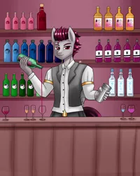 Size: 1600x2000 | Tagged: safe, artist:zachc, derpibooru import, oc, oc:rylo rum, anthro, pegasus, alcohol, bar, bartender, clothes, commission, glass, image, looking at you, male, png, solo, wine glass