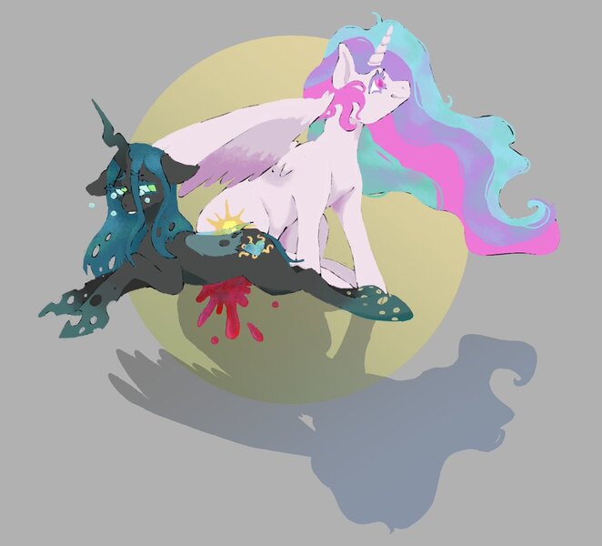 Size: 1200x1087 | Tagged: semi-grimdark, artist:sugarfrogg_, derpibooru import, queen chrysalis, alicorn, changeling, changeling queen, pony, blood, crying, female, happy, image, jpeg, sad, smiling, spread wings, wings