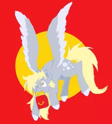 Size: 1139x1254 | Tagged: safe, artist:sugarfrogg_, derpibooru import, derpy hooves, pegasus, pony, flying, happy meal, image, jpeg, mouth hold, solo, spread wings, wings