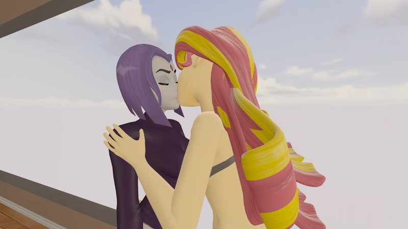 Size: 1920x1080 | Tagged: safe, artist:thatradhedgehog, derpibooru import, sunset shimmer, equestria girls, 3d, female, image, jpeg, kissing, lesbian, raven (teen titans), shimrav, source filmmaker, teen titans