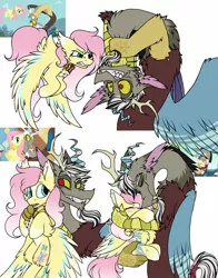 Size: 1100x1400 | Tagged: safe, artist:pegacousin, derpibooru import, screencap, discord, fluttershy, draconequus, pegasus, keep calm and flutter on, to where and back again, antlers, choking, discoshy, female, grin, hug, hugging a pony, image, jpeg, male, redesign, redraw, shipping, simple background, smiling, stare, straight, tattoo, the stare, white background, wings