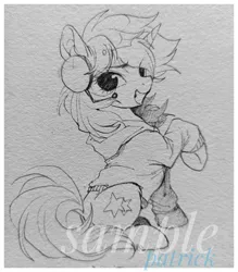 Size: 1794x2048 | Tagged: safe, artist:paipaishuaige, derpibooru import, pony, unicorn, clothes, grin, headset, hoodie, image, jpeg, smiling, solo, traditional art, watermark