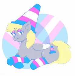 Size: 1217x1237 | Tagged: safe, artist:sugarfrogg_, derpibooru import, oc, unofficial characters only, pegasus, pony, clothes, cone, hat, image, jpeg, lidded eyes, looking at you, lying down, pride, pride flag, socks, solo, striped socks, traffic cone, transgender pride flag