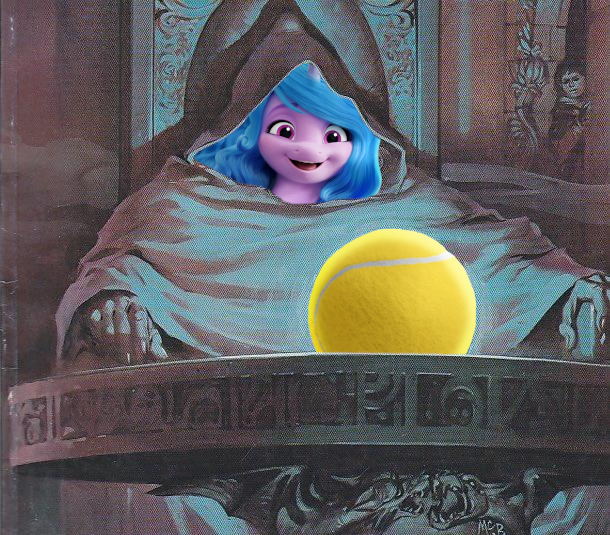 Size: 610x535 | Tagged: safe, artist:witchtaunter, derpibooru import, edit, editor:flynnmlp, izzy moonbow, human, unicorn, ball, g5, image, meme, png, pondering my orb, solo, tennis ball, wizard