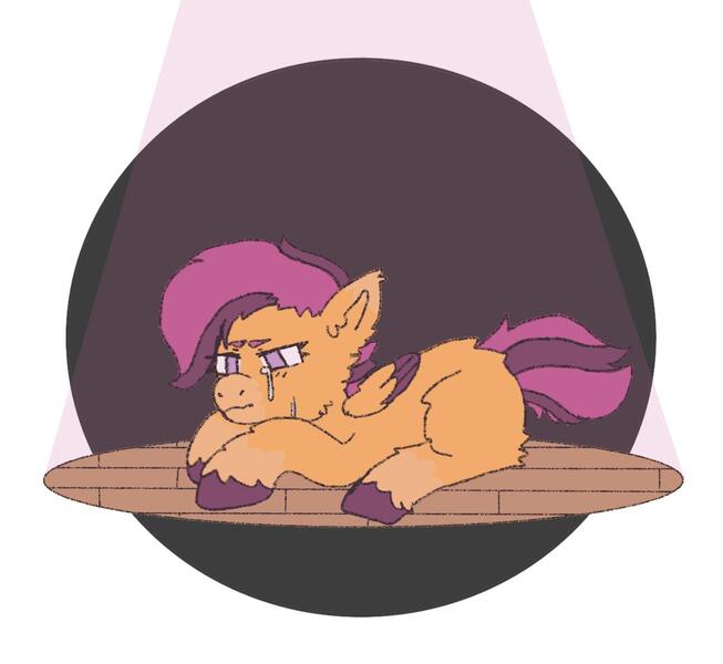 Size: 1173x1078 | Tagged: safe, artist:sugarfrogg_, derpibooru import, scootaloo, pegasus, pony, crying, image, jpeg, lying down, sad, solo, teary eyes