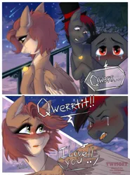 Size: 1700x2300 | Tagged: safe, artist:twisoft, oc, oc:qwerrtit, oc:varan, unofficial characters only, cat, cat pony, earth pony, original species, pegasus, pony, blushing, comic, crying, dialogue, female, hat, image, jpeg, male, mare, oc x oc, shipping, sky, stallion, straight