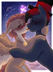 Size: 1700x2300 | Tagged: safe, artist:twisoft, oc, oc:qwerrtit, oc:varan, unofficial characters only, cat, cat pony, earth pony, original species, pegasus, pony, blushing, comic, female, hat, heart, image, jpeg, kissing, male, mare, oc x oc, shipping, sky, stallion, straight