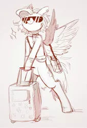 Size: 1900x2800 | Tagged: safe, artist:twisoft, oc, oc:qwerrtit, unofficial characters only, cat, cat pony, original species, pegasus, pony, bipedal, female, image, jpeg, luggage, mare, monochrome, simple background, sketch, solo, sunglasses, travelling, white background