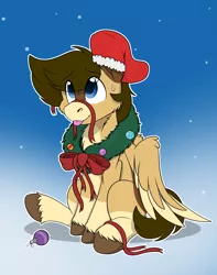 Size: 1744x2208 | Tagged: safe, artist:rokosmith26, derpibooru import, oc, unofficial characters only, pegasus, pony, blue eyes, bow, cheek fluff, chest fluff, christmas, christmas stocking, christmas wreath, commission, floppy ears, gradient background, holiday, image, looking up, male, markings, one ear down, pegasus oc, pegasus wings, png, raised hoof, ribbon, simple background, sitting, smiling, solo, spread wings, stallion, sweat, sweatdrop, tail, tongue out, unshorn fetlocks, wings, wreath, ych result