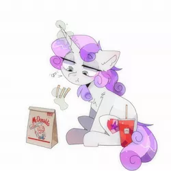 Size: 2048x2048 | Tagged: safe, artist:blairvonglitter, derpibooru import, sweetie belle, pony, unicorn, drink, eating, food, french fries, image, jpeg, levitation, lidded eyes, magic, mcdonald's, solo, telekinesis