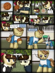 Size: 1750x2333 | Tagged: safe, artist:99999999000, derpibooru import, oc, oc:cwe, oc:li anna, oc:mar baolin, oc:zhang cathy, unofficial characters only, earth pony, pony, unicorn, comic:nice to meet you, ball, basketball, clothes, colt, comic, crying, female, filly, image, male, png, sports, tree