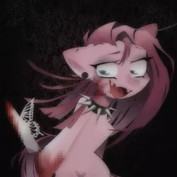 Size: 2048x2048 | Tagged: semi-grimdark, artist:blairvonglitter, derpibooru import, pinkie pie, earth pony, pony, semi-anthro, blood, chest fluff, choker, ear piercing, earring, floppy ears, image, insanity, jewelry, jpeg, knife, piercing, pinkamena diane pie, smiling, spiked choker, wide eyes