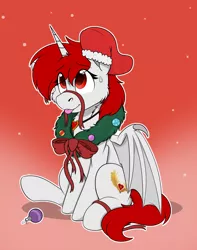 Size: 1744x2208 | Tagged: safe, artist:rokosmith26, derpibooru import, oc, oc:lovers, unofficial characters only, alicorn, bat pony, bat pony alicorn, pony, bat wings, bow, cheek fluff, chest fluff, christmas, christmas stocking, christmas wreath, commission, female, floppy ears, gradient background, holiday, horn, image, jewelry, looking up, mare, necklace, one ear down, png, raised hoof, ribbon, simple background, sitting, smiling, solo, sweat, sweatdrop, tail, tongue out, wings, wreath, ych result