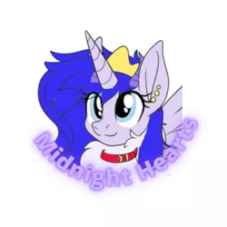 Size: 500x500 | Tagged: safe, artist:princessmoonlight, derpibooru import, oc, oc:midnight hearts, alicorn, dragon, hybrid, kirin, wolf, badge, bust, collar, crown, curve text, ear piercing, earring, image, jewelry, piercing, png, portrait, regalia