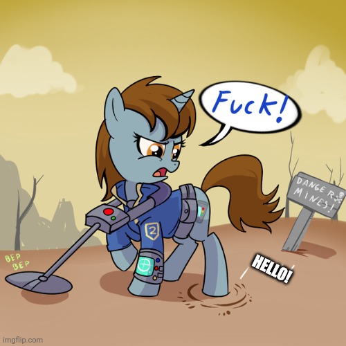 Size: 500x500 | Tagged: semi-grimdark, artist:madmax, derpibooru import, edit, oc, oc:littlepip, fallout equestria, asdfmovie, hello, image, jpeg, metal detector, mine turtle, solo, vulgar