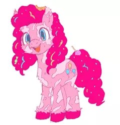 Size: 1144x1195 | Tagged: safe, artist:sugarfrogg_, derpibooru import, pinkie pie, earth pony, pony, alternate design, candy, candy in hair, coat markings, dappled, food, image, jpeg, open mouth, smiling, solo, twitterina design