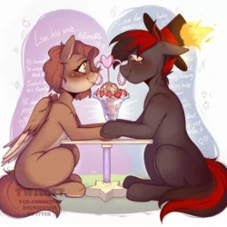 Size: 2600x2600 | Tagged: safe, artist:twisoft, oc, oc:qwerrtit, oc:varan, unofficial characters only, cat, cat pony, earth pony, original species, pegasus, pony, blushing, commission, dialogue, female, food, hat, heart eyes, holding hooves, holiday, ice cream, image, jpeg, male, oc x oc, shipping, straight, valentine's day, wingding eyes