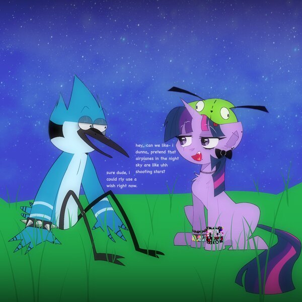 Size: 2048x2048 | Tagged: safe, artist:blairvonglitter, derpibooru import, twilight sparkle, bird, pony, unicorn, bow, bracelet, choker, crossover, crossover shipping, dialogue, female, hair bow, high res, image, jpeg, lidded eyes, male, mordecai, mordetwi, regular show, shipping, smiling, spiked wristband, straight, wristband